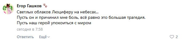 Комментарий ВКонтакте от Егора Гашкова: «Светлых облаков Люциферу на небесах... Пусть наш герой упокоится с миром».