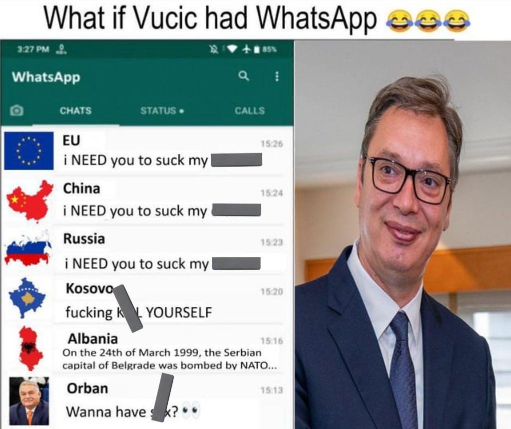 Мем «What if Vucic had WhatsApp»: фиктивная переписка ЕС, Китая, России, Косово и Орбана с президентом Сербии Вучичем.