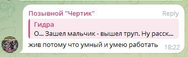 Скриншот переписки: «Позывной «Чертик»» отвечает «Гидре» — хвастается выживанием (2/10).