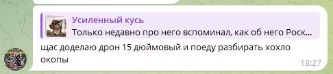 Скриншот: «Усиленный кусь» цитирует пост «Чертика» про дрон (8/10).