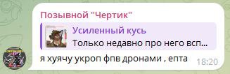 Скриншот: «Чертик» заявляет, что «хуячит укроп ФПВ дронами» (10/10).