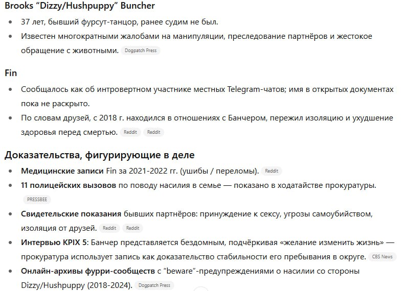Инфографика Dogpatch Press: досье Брукса «Dizzy/Hushpuppy» Банчера — обвинения в убийстве партнёра Фина, доказательства (медзаписи, вызовы полиции, показания).