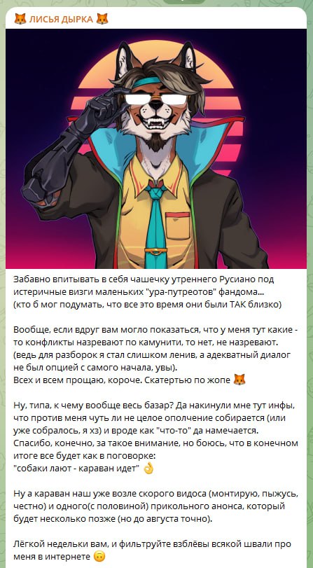 Пост «Лисья дырка»: скрин канала «ЛогOwO Старины Динго» с нытьём про комьюнити (1/5).
