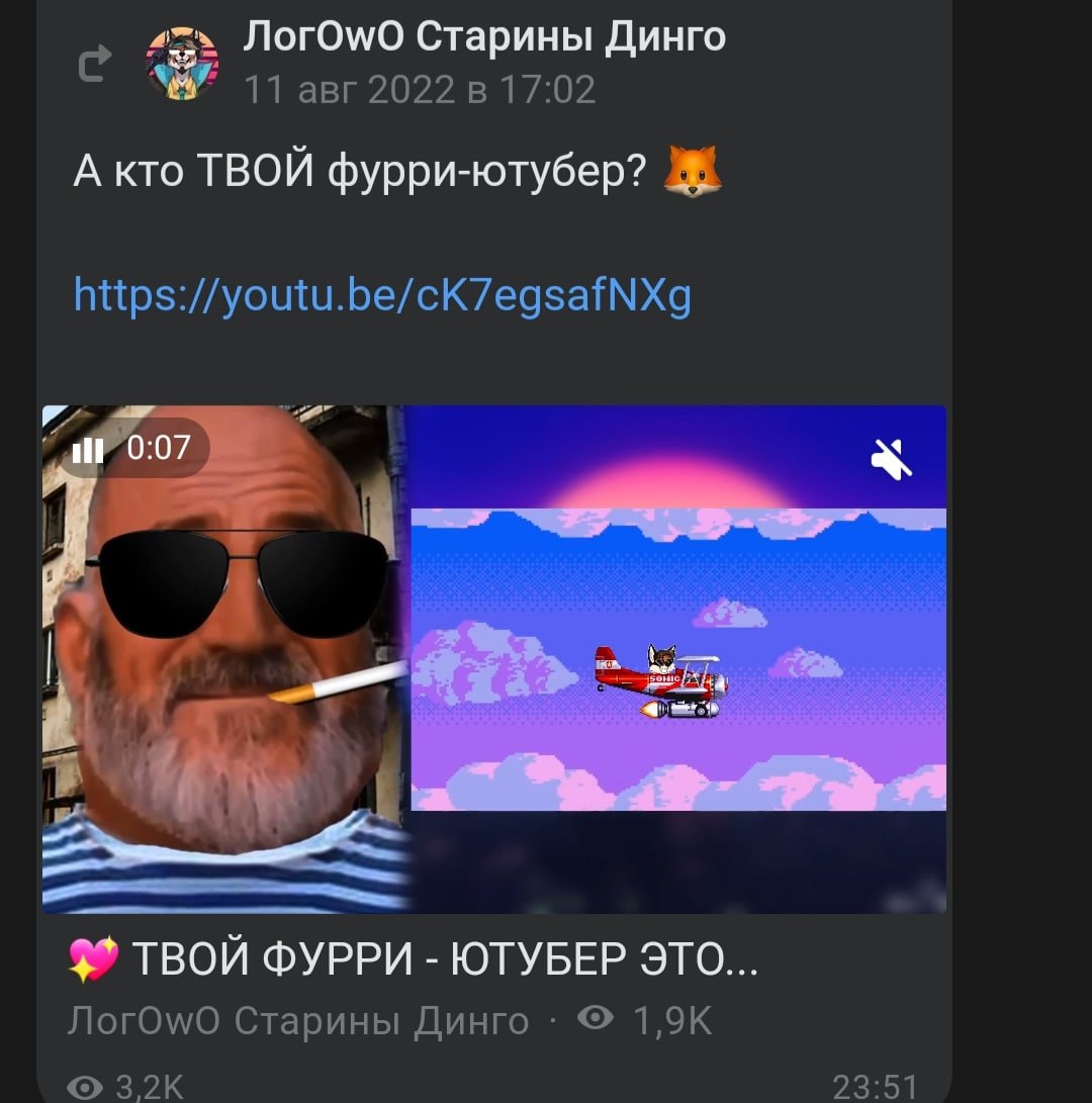 Пост «ЛогOwO»: «А кто ТВОЙ фурри-ютубер?» — превью видео с пожилым мужчиной в очках на фоне 8-битного самолётика (5/5).