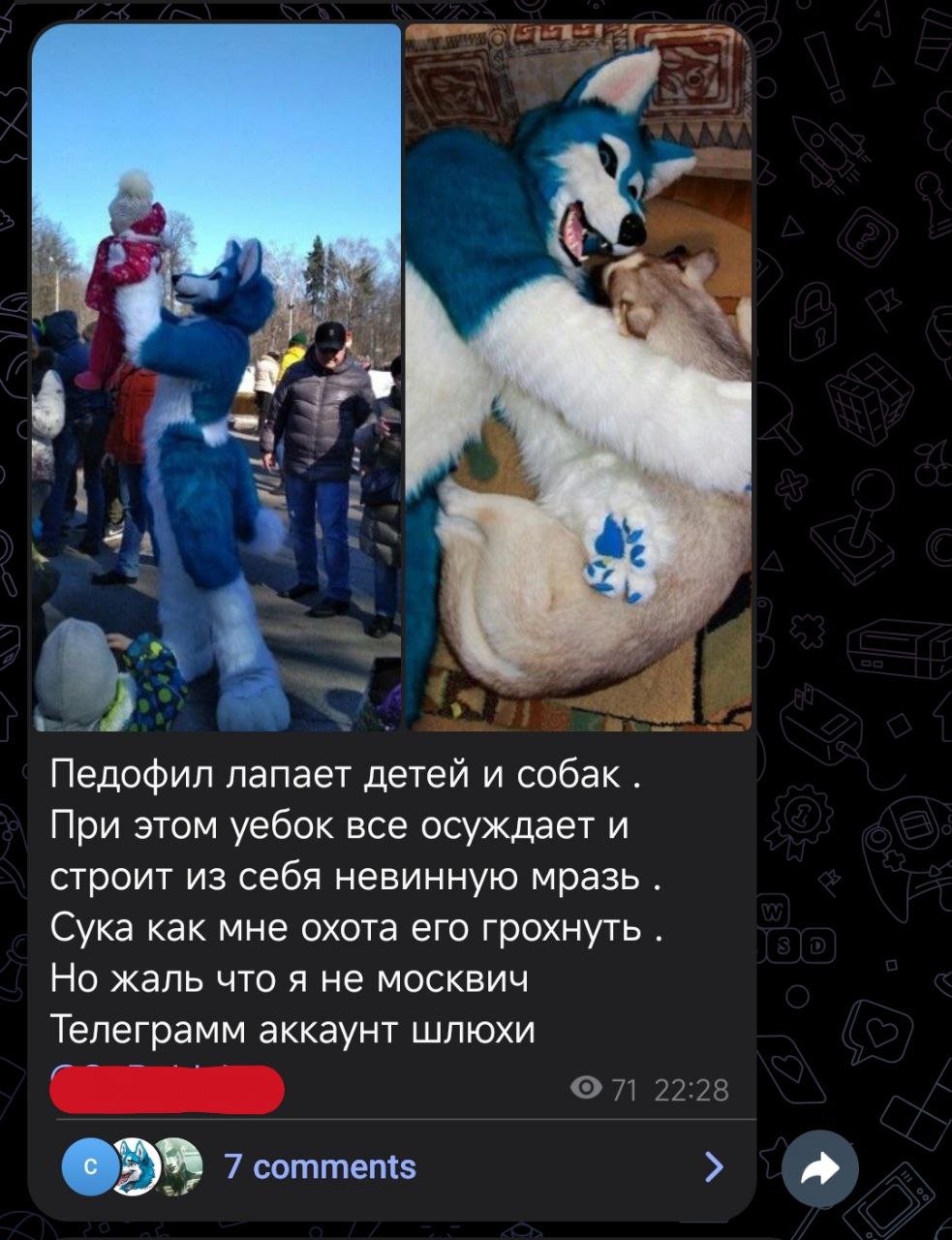 Пост «Тракторка»: «Педофил лапает детей и собак» с фото фурри в костюме на детской прогулке (3/4).