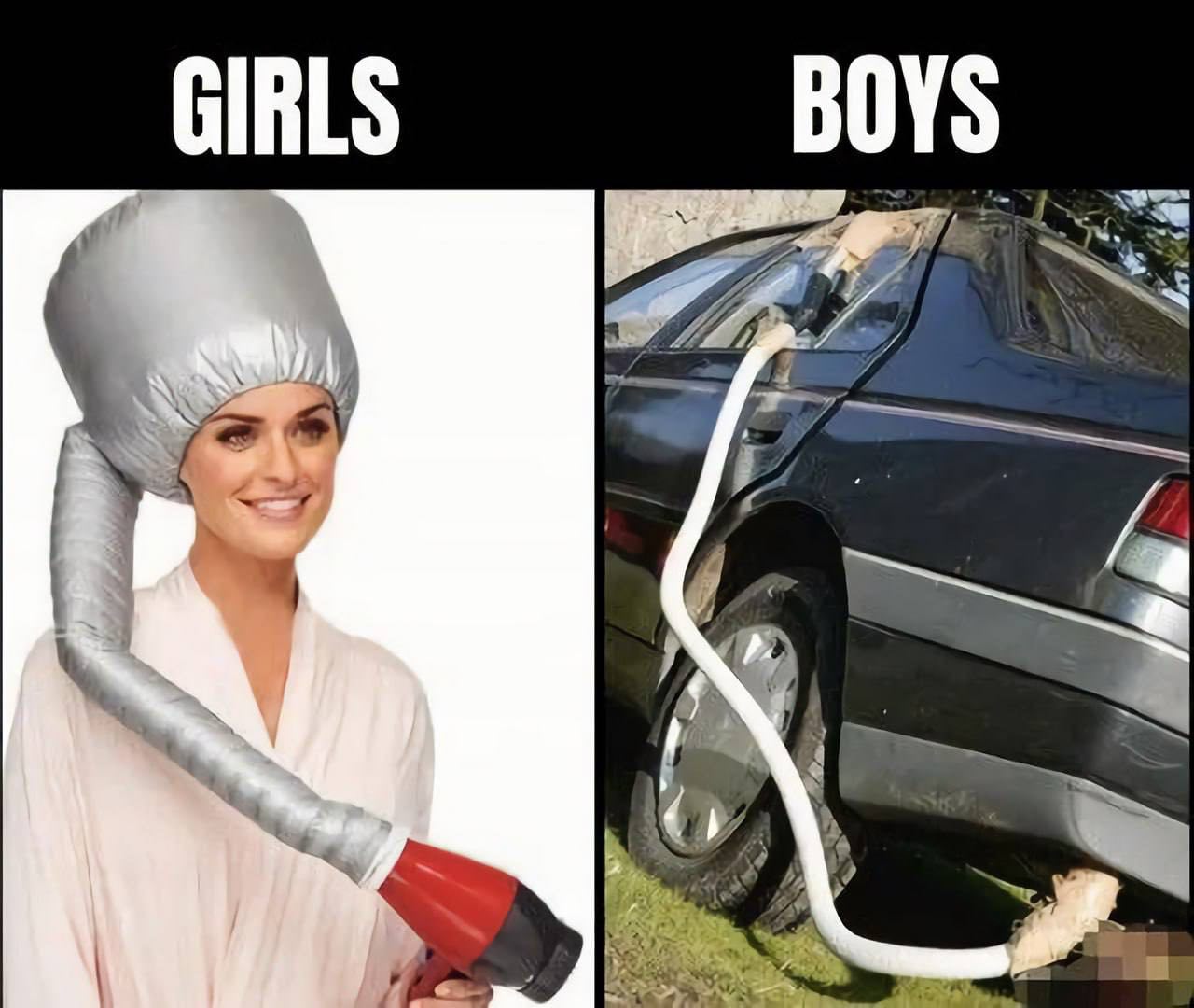 Мем «Girls vs Boys»: девушка с феном-диффузором на голове vs машина со шлангом пылесоса в бензобаке.