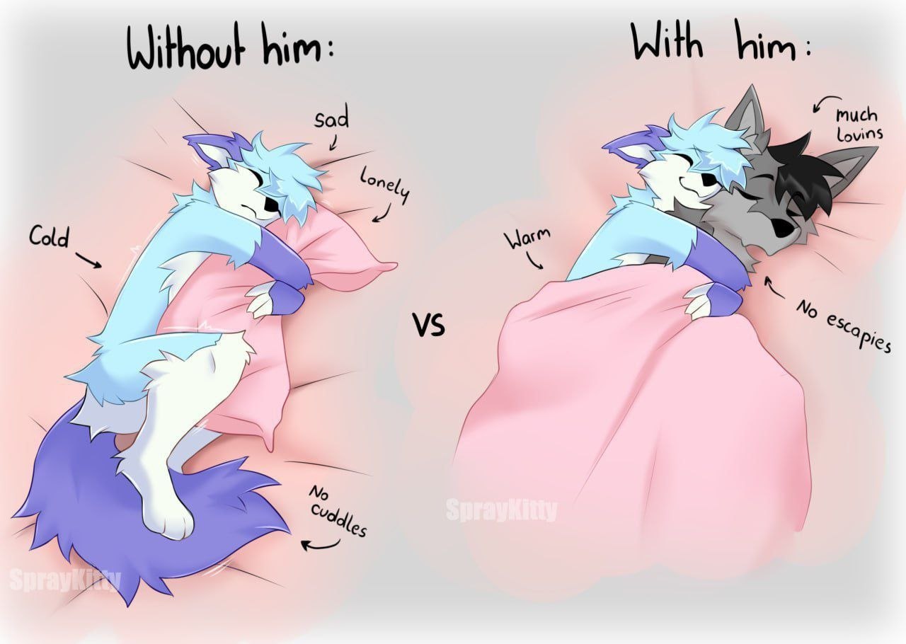 Арт SprayKitty: голубой волчонок один (cold, sad, lonely) vs обнимается с серым другом (warm, much lovins, no escapies).