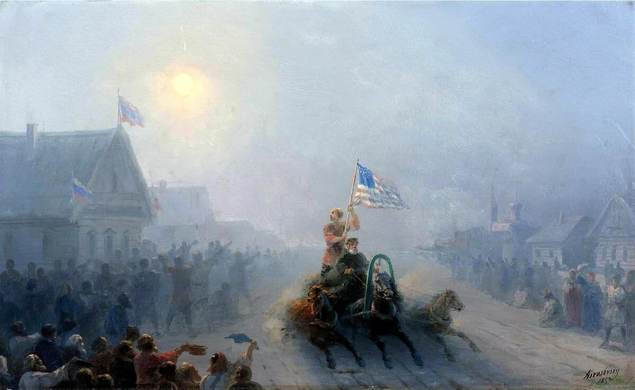 Картина Айвазовского «Раздача продовольствия» (1892): всадники с флагом США везут гуманитарную помощь сквозь туман в русской деревне.