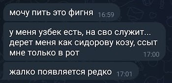 Скриншот Telegram: переписка — «мочу пить это фигня», собеседник рассказывает про узбека-военнослужащего на СВО, с которым занимается сексом.