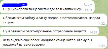 Скриншот Telegram: анонимный комментарий о Тайсере — «танцевал в клипах Киркорова», «обещал заботу и ласку, наврал тигрик», «слишком бесконтрольное потребление веществ».