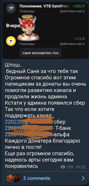 Скриншот Telegram: автор канала с аватаркой лисы-ангела благодарит за донаты, публикует реквизиты Сбер/Т-банк/Альфа, подпись «саня москвитин лох».
