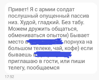 Скриншот сообщения: «Я с армии солдат послушный опущенный пассив низ. Худой, гладкий. Без табу. Можем дружить, обмениваться опытом» с предложением встречи (1/3).
