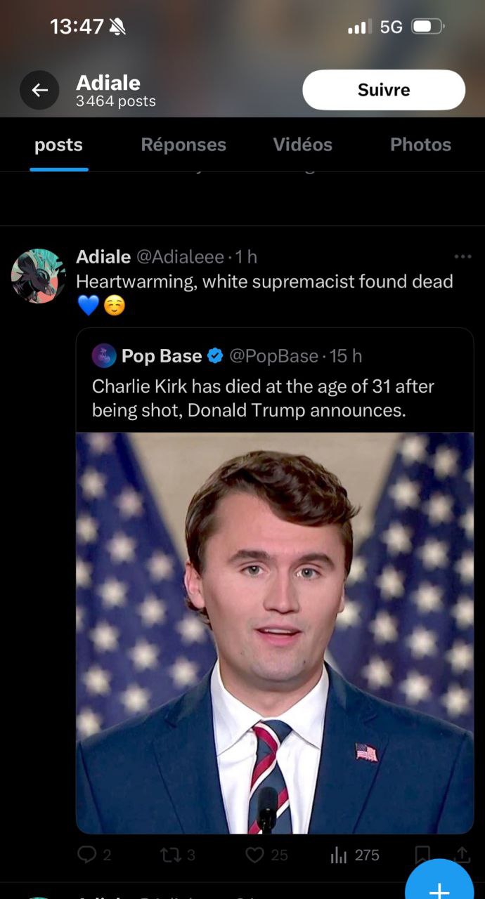 Скриншот X: аккаунт @Adialee пишет «Heartwarming, white supremacist found dead» в ответ на новость о гибели Чарли Кирка (1/2).