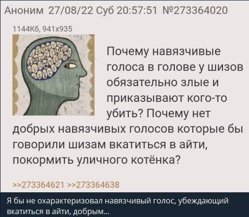 Скриншот Двача: вопрос «Почему навязчивые голоса приказывают убить, а не вкатиться в айти или покормить котёнка?» и ответ «Я бы не охарактеризовал такой голос добрым».