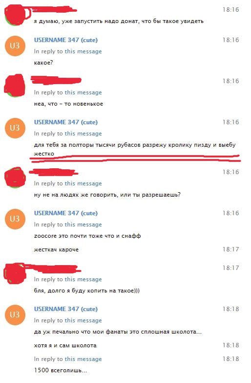 Скриншот: «USERNAME 347 (cute)» предлагает «за полторы тысячи рубасов разрежу кролику пизду и выебу жестко»; собеседник отвечает «долго я буду копить на такое» (2/4).
