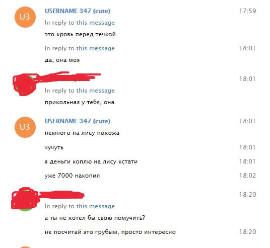Скриншот: USERNAME 347 обсуждает кровь животного «перед течкой» и то, что копит деньги на лису (3/4).