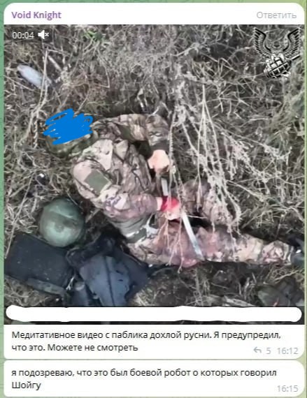 Скриншот Telegram-чата (1/5): сообщение пользователя Void Knight с видео раненого бойца в камуфляже; подпись «Медитативное видео с паблика дохлой русни».