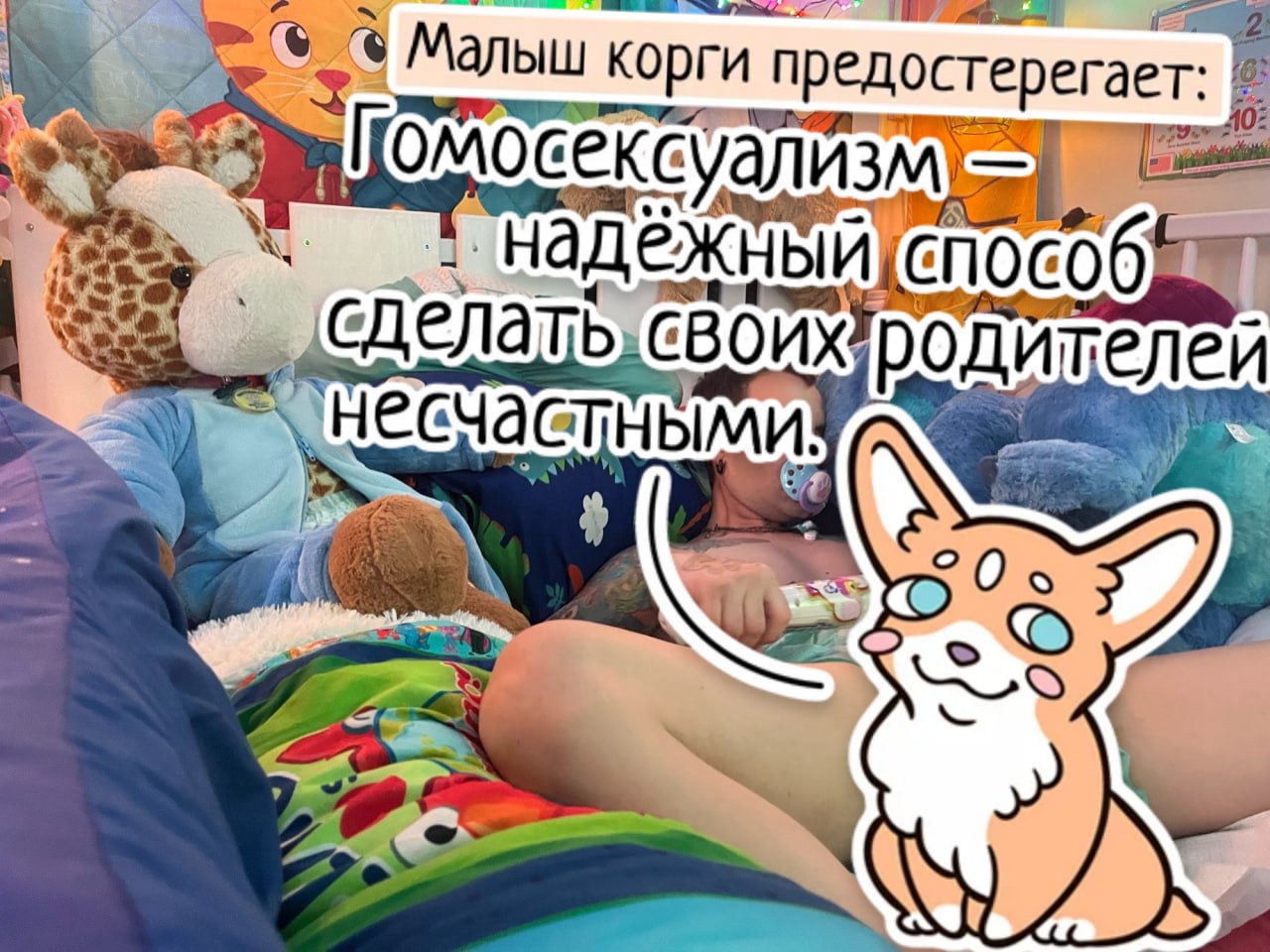 Мем (3/3): корги на фоне комнаты с игрушками, текст «Малыш корги предостерегает: Гомосексуализм — надёжный способ сделать своих родителей несчастными».