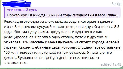 Скриншот комментария «Усиленный кусь»: «Релокация это одна из сложнейших задач... Я 3 года ебошил с друзьями... обнаглевший маскаль и меня выгнали из своего города и своей страны...»