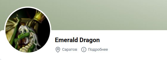 Скриншот (2/3): профиль «Emerald Dragon» ВКонтакте — аватар с зелёным драконом, город Саратов.