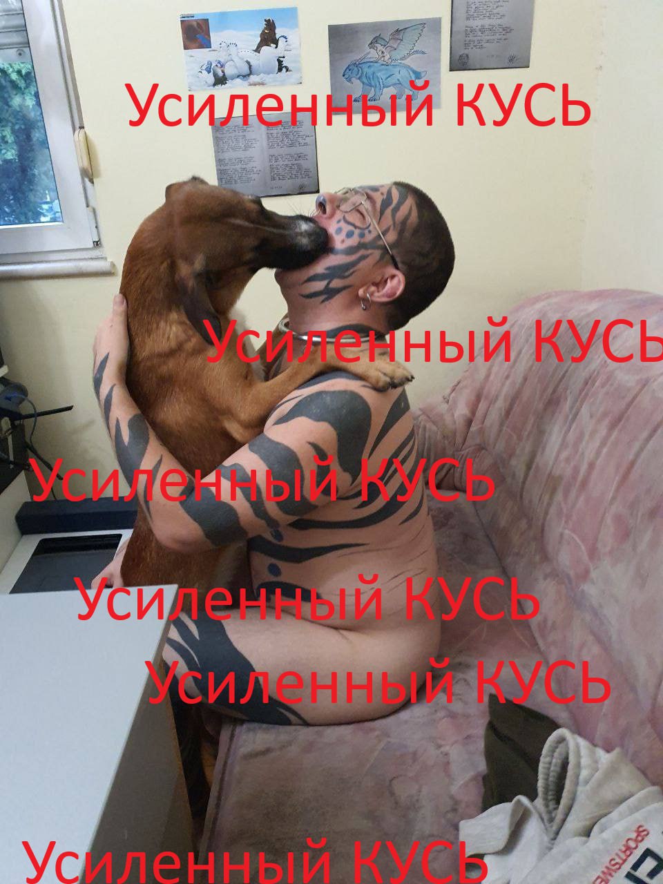Фото: мужчина с чёрными тигровыми татуировками по всему телу и лицу обнимает коричневую собаку у дивана. Надписи «Усиленный КУСЬ» наложены поверх изображения.
