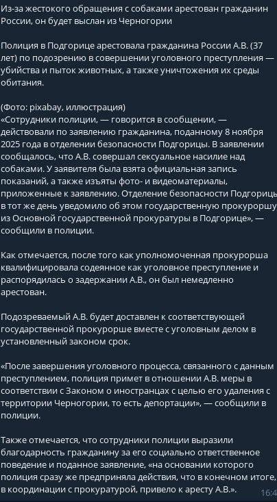 Скриншот (2/2): новостной пост о задержании россиянина Ветрова в Подгорице и возможной депортации в Россию.