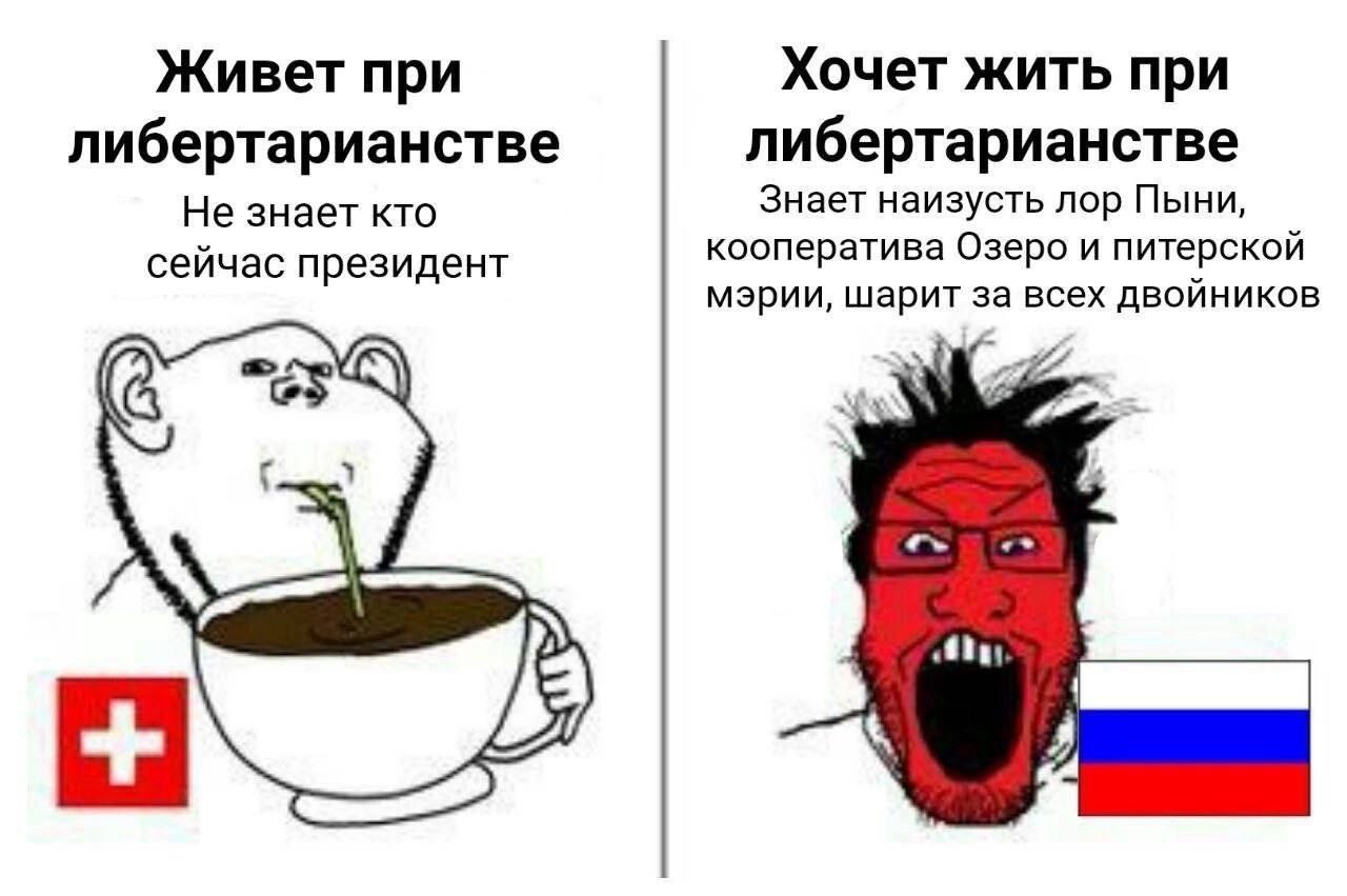 Мем с двумя Wojak-персонажами: слева спокойный Wojak со швейцарским флагом — «Живёт при либертарианстве / Не знает кто сейчас президент»; справа красный агрессивный Wojak с флагом РФ — «Хочет жить при либертарианстве / Знает наизусть лор Пыни, кооператива Озеро и питерской мэрии, шарит за всех двойников».