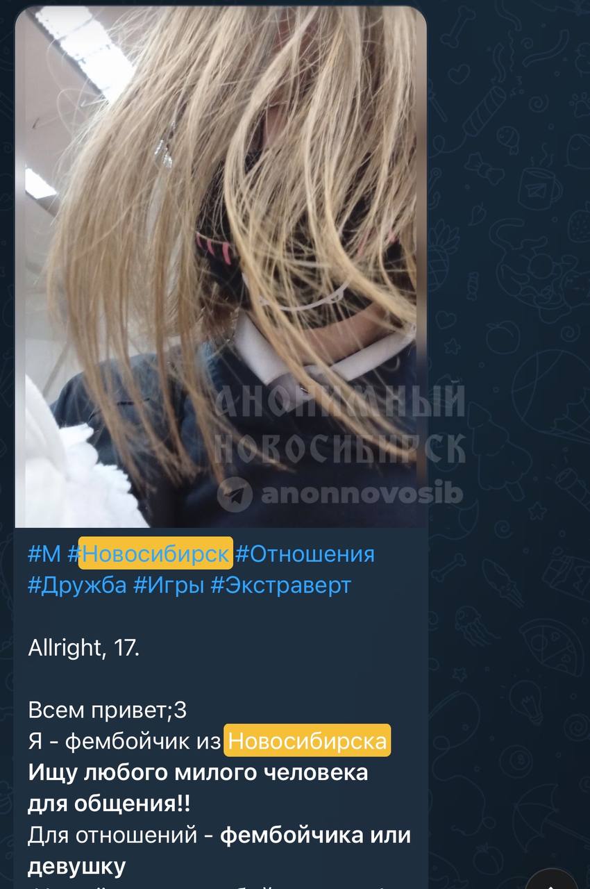 Скриншот анкеты: селфи молодого человека с длинными светлыми волосами, закрывающими лицо, в тёмном свитере с белым воротником. Хэштеги: #М #Новосибирск #Отношения #Дружба #Игры #Экстраверт. Текст: «Allright, 17. Всем привет;3 Я — фембойчик из Новосибирска. Ищу любого милого человека для общения!! Для отношений — фембойчика или девушку.»