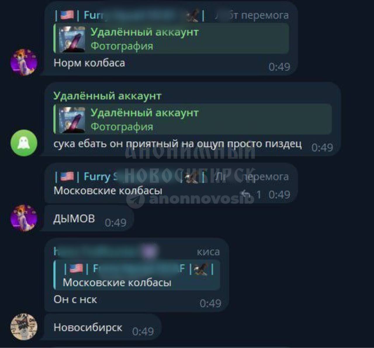 Скриншот продолжения переписки в чате «Furry Squad»: участник пишет «Норм колбаса». «Удалённый аккаунт» цитирует фото и пишет «сука ебать он приятный на ощуп просто пиздец». Дальше: «Московские колбасы», «ДЫМОВ», «Он с нск», «Новосибирск».