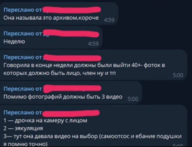Скриншот Telegram-переписки с пересланными сообщениями (имена отправителей закрашены красным маркером): «Она называла это архивом, короче», «Неделю», «Говорила в конце недели должны были выйти 40+- фоток в которых должно быть лицо, член ну и тп», «Помимо фотографий должны быть 3 видео», «1 — дрочка на камеру с лицом / 2 — эякуляция / 3 — тут она давала видео на выбор (самоотсос и ебание подушки я помню точно)».