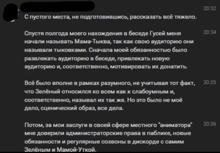 Скриншот переписки: «С пустого места, не подготовившись, рассказать всё тяжело. Спустя полгода моего нахождения в беседе Гусей меня начали называть Мама-Тыква, так как свою аудиторию они называли тыковками. Сначала моей обязанностью было развлекать аудиторию в беседе, привлекать новую аудиторию и, соответственно, мотивировать их донатить. Всё было вполне в рамках разумного, не учитывая тот факт, что Зелёный относился ко всем как к слабоумным и, соответственно, называл их так же. Но это было не моё дело, сценический образ, все дела. Потом, за мои заслуги в своей сфере местного "аниматора" мне доверили администраторские права в паблике, новые обязанности и регулярные созвоны в дискорде с самим Зелёным и Мамой-Уткой».