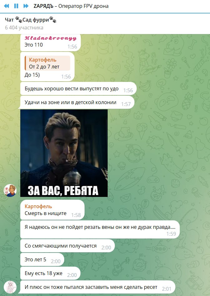Продолжение чата «Сад фурри». Hladnokroovnyy: «Это 110». Картофель: «От 2 до 7 лет / До 15)». «Будешь хорошо вести выпустят по удо». «Удачи на зоне или в детской колонии», 1:57. Кто-то присылает мем — кадр из сериала с надписью «ЗА ВАС, РЕБЯТА». Картофель, 1:58: «Смерть в нищите». 1:59: «Я надеюсь он не пойдет резать вены он же не дурак правда....». 2:00: «Со смягчающими получается». «Это лет 5». «Ему есть 18 уже». «И плюс он тоже пытался заставить меня сделать ресет».