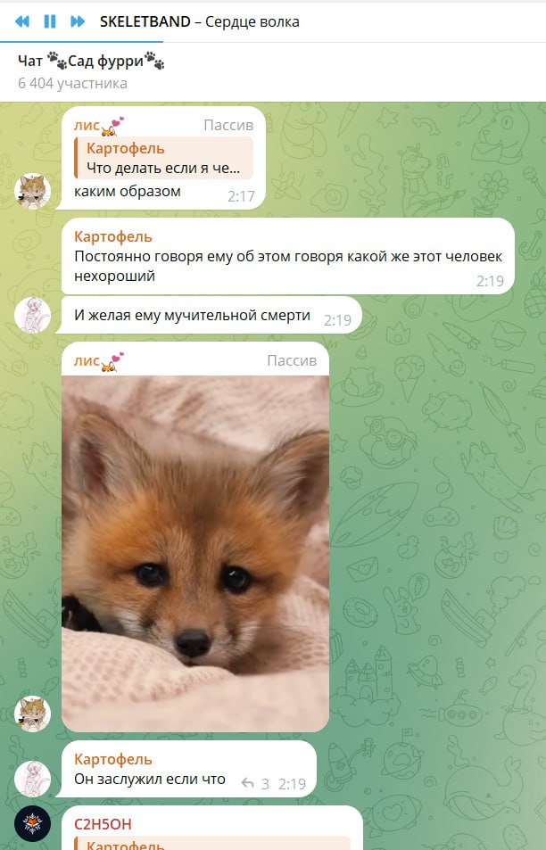 Продолжение чата «Сад фурри», фоновая музыка SKELETBAND — Сердце волка. лис🐾: «каким образом». Картофель, 2:19: «Постоянно говоря ему об этом говоря какой же этот человек нехороший / И желая ему мучительной смерти». лис🐾 присылает фото милого лисёнка. Картофель: «Он заслужил если что».