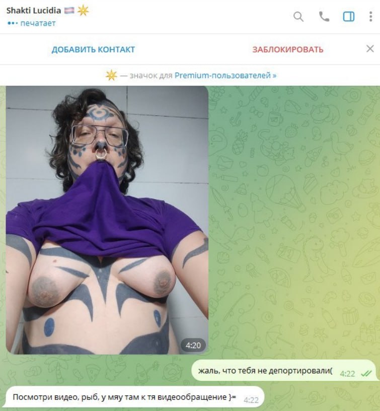 Скриншот переписки: Shakti Lucidia прислала NSFW-фото и сообщения «жаль, что тебя не депортировали» и «Посмотри видео, рыб, у мяу там к тя видеообращение». Фото — топлес-селфи женщины с татуировками и очками.
