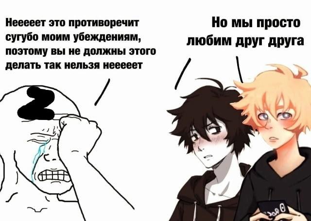 Мем: слева войак (нарисованный крупный плачущий персонаж) с текстом «Неееееет это противоречит сугубо моим убеждениям, поэтому вы не должны этого делать так нельзя неееееет», справа двое аниме-персонажей (тёмноволосый и светловолосый) с ответом «Но мы просто любим друг друга».