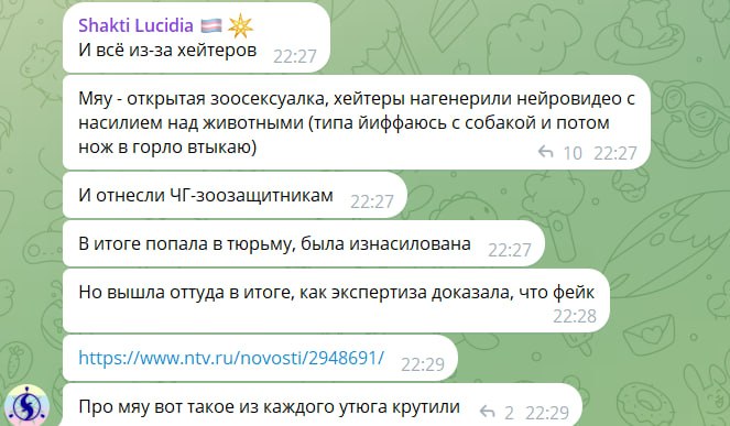 Скриншот из канала Shakti Lucidia: «И всё из-за хейтеров» — версия о том, что зоозащитники нагенерили «нейровидео», из-за чего попала в тюрьму. Ссылка на ntv.ru. «Мяу — открытая зоосексуалка».