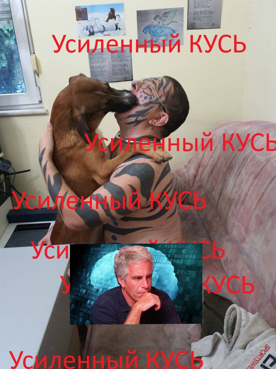 Мем-коллаж: архивное фото человека с леопардовыми татуировками и собакой (доказательство из дела о зоофилии), поверх многократно наложен текст «Усиленный КУСЬ» и вставка с мемом Джеффри Эпштейна.