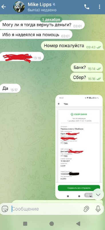 Скриншот переписки Telegram: Майк Липс просит вернуть перевод 16 000 ₽ на Сбер. Собеседник: «Банк? Сбер?»