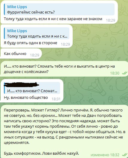 Скриншот переписки Telegram: продолжение разговора Майка Липса с «Гидрой».