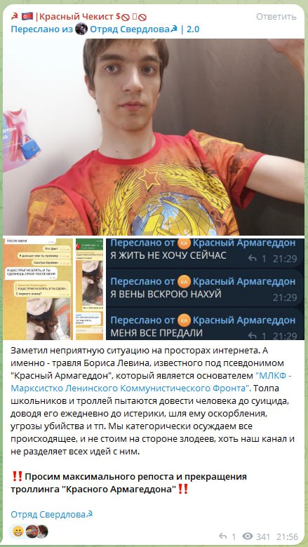 Скриншот Telegram-поста о «Красном Армагеддоне» (Борис Левин): его травят подписчики, переписка с кризисными сообщениями о суициде.