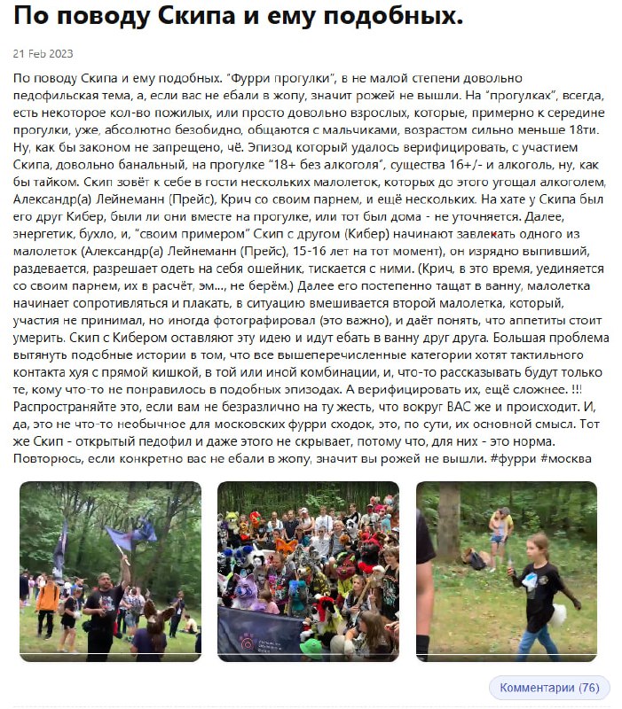 Скриншот VK-поста «По поводу Скипа и ему подобных» от 21 февраля 2023 г.: длинный текст о домогательствах на московских фурри-прогулках, внизу групповое фото участников фурри-сообщества. Видно 76 комментариев.