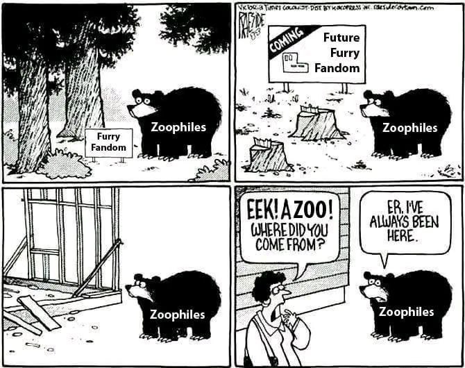 4-панельный английский комикс. Персонаж кричит: «EEK! A ZOO! WHERE DID YOU COME FROM?» Медведь с табличкой «Zoophiles» отвечает: «Er, I've always been here.» Фурри-персонажи в панике.