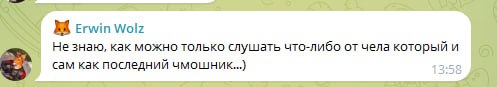 Скриншот сообщения Эрвина Вольца: пишет пренебрежительно об авторе канала.