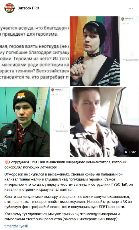 Скриншот-коллаж: пост «Витебск PRO» о задержании ГУБОПиКом фурри-гомосексуалиста, оскорбившего лётчиков; пост ОТДГ «Оскорбивший героев-лётчиков в Минске, оказался фурри-гомосексуалистом» с фотографиями фигуранта, изображениями Гитлера и My Little Pony.