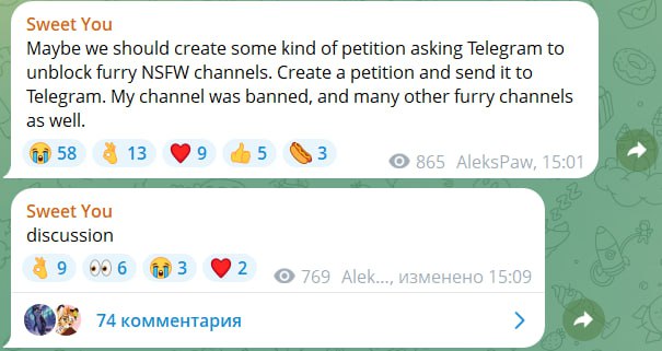 Скриншот Telegram-канала «Sweet You», два поста. Первый пост: «Maybe we should create some kind of petition asking Telegram to unblock furry NSFW channels. Create a petition and send it to Telegram. My channel was banned, and many other furry channels as well.» Реакции: 😢58 🙌13 ❤9 👍5 🌭3. 865 просмотров. AleksPaw, 15:01. Второй пост: «Sweet You» discussion. Реакции: 🙌9 👀6 😢3 ❤2. 769 просмотров. Изменено 15:09. 74 комментария.