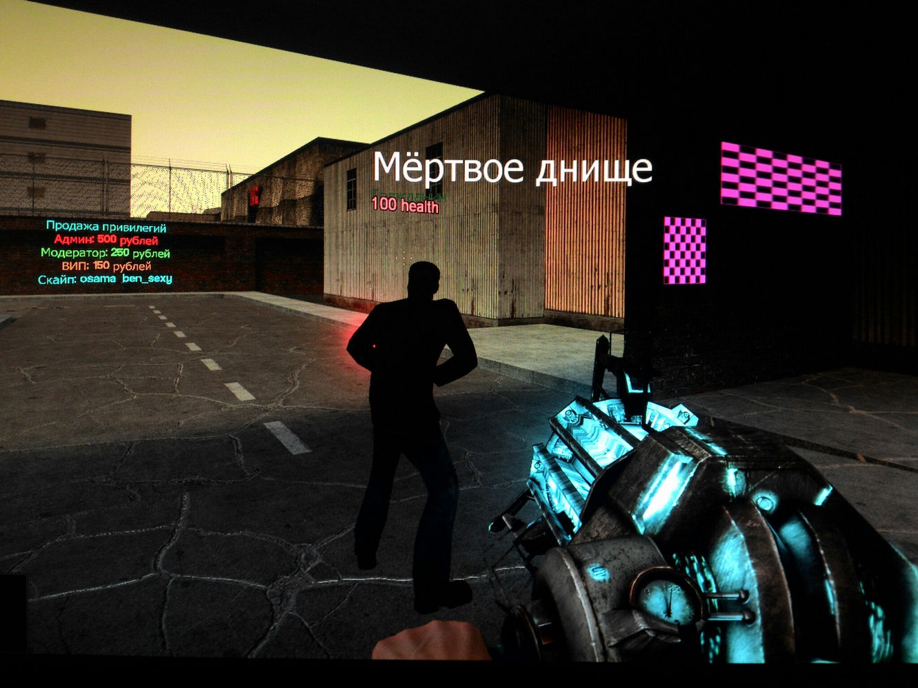 Скриншот Garry's Mod: вид от первого лица — в руках Gravity Gun, перед игроком чёрный силуэт NPC, надпись «Мёртвое днище 100 health»; слева реклама привилегий (Админ 500 руб., Модератор 250 руб., ВИП 150 руб.); розовые артефакты текстур на здании