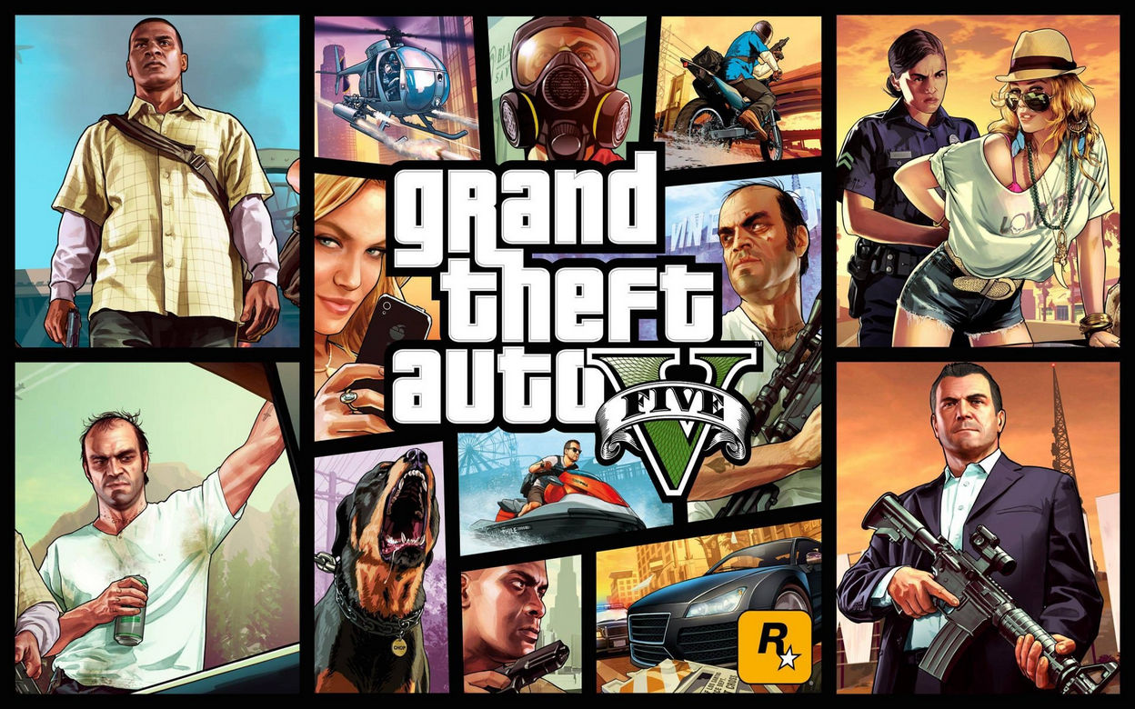 Официальный промо-постер Grand Theft Auto V: коллаж с главными персонажами — Майкл (слева в пальто), Франклин (справа с оружием), Тревор (внизу слева) — на фоне сцен из игры (вертолёты, акула, гонки); по центру логотип «Grand Theft Auto V» с логотипом Rockstar Games