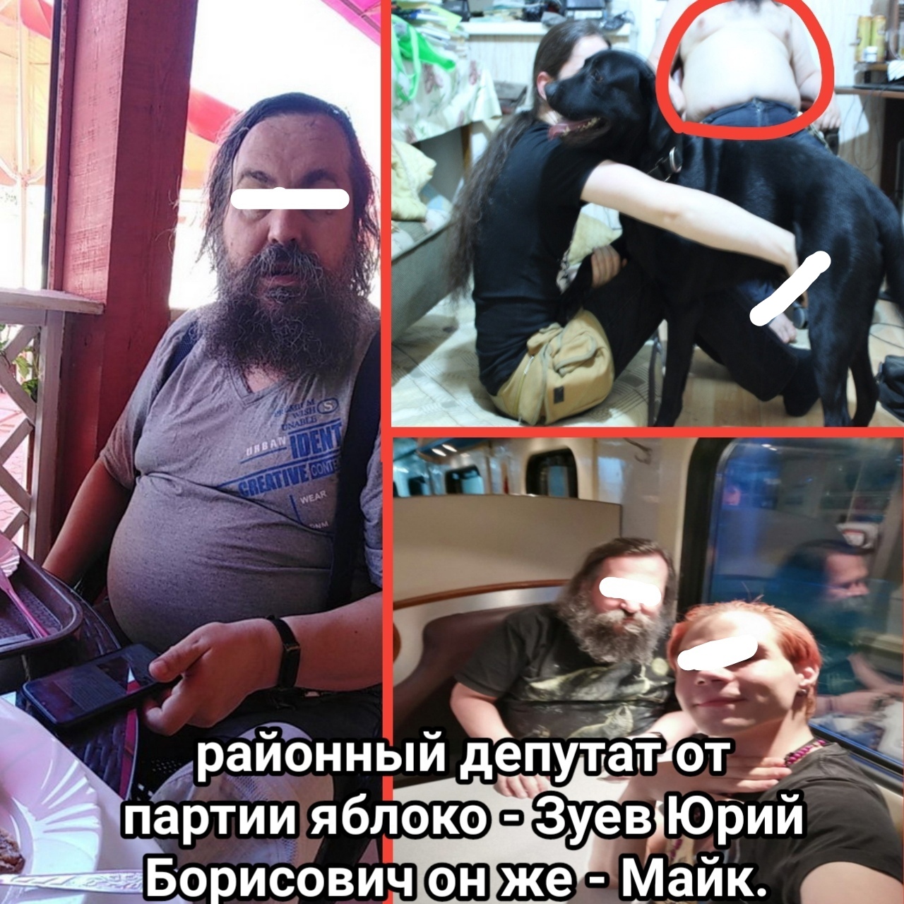 📋 Коллаж: мужчина в полосатой рубашке, сцены с людьми (красный кружок), крупные планы лиц; подпись «районный депутат от партии яблоко — Зуев Юрий Борисович он же — Майк».