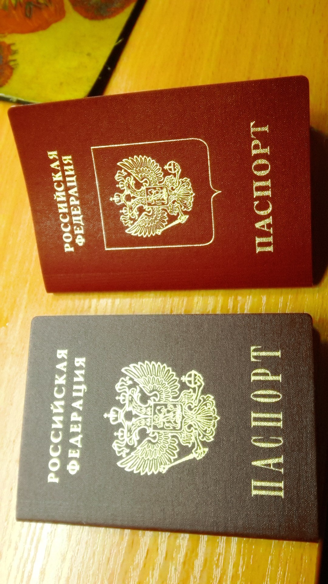 Два российских паспорта на столе: старый красный и новый тёмно-серый, оба с двуглавым орлом и надписью «Российская Федерация — Паспорт»