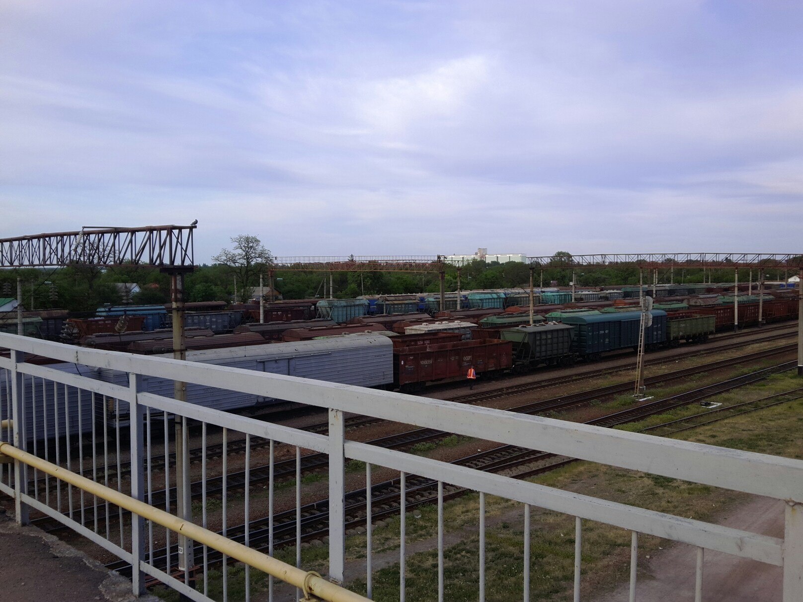 Вид с пешеходного моста на железнодорожную сортировочную станцию: множество параллельных путей с грузовыми вагонами разных цветов, пасмурное небо
